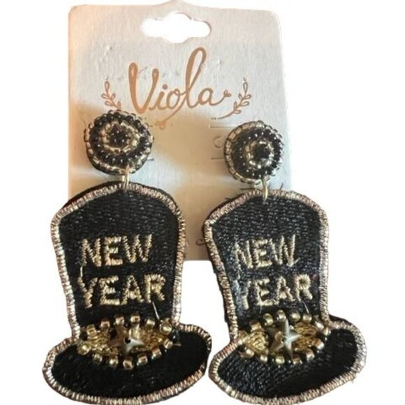 Viola New Year Beaded Statement Earrings - Black & Gold - Picture 1 of 5